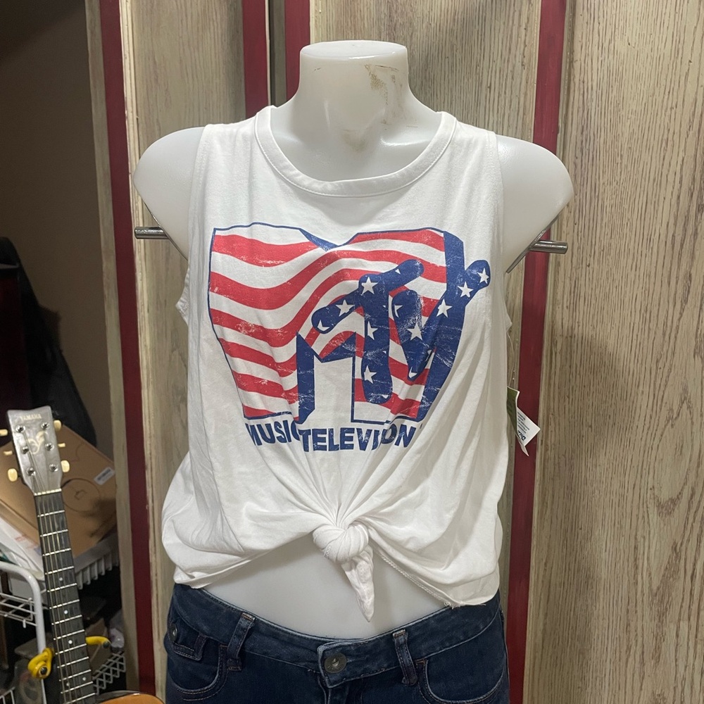 MTV Women's White and Red Muscle Tee